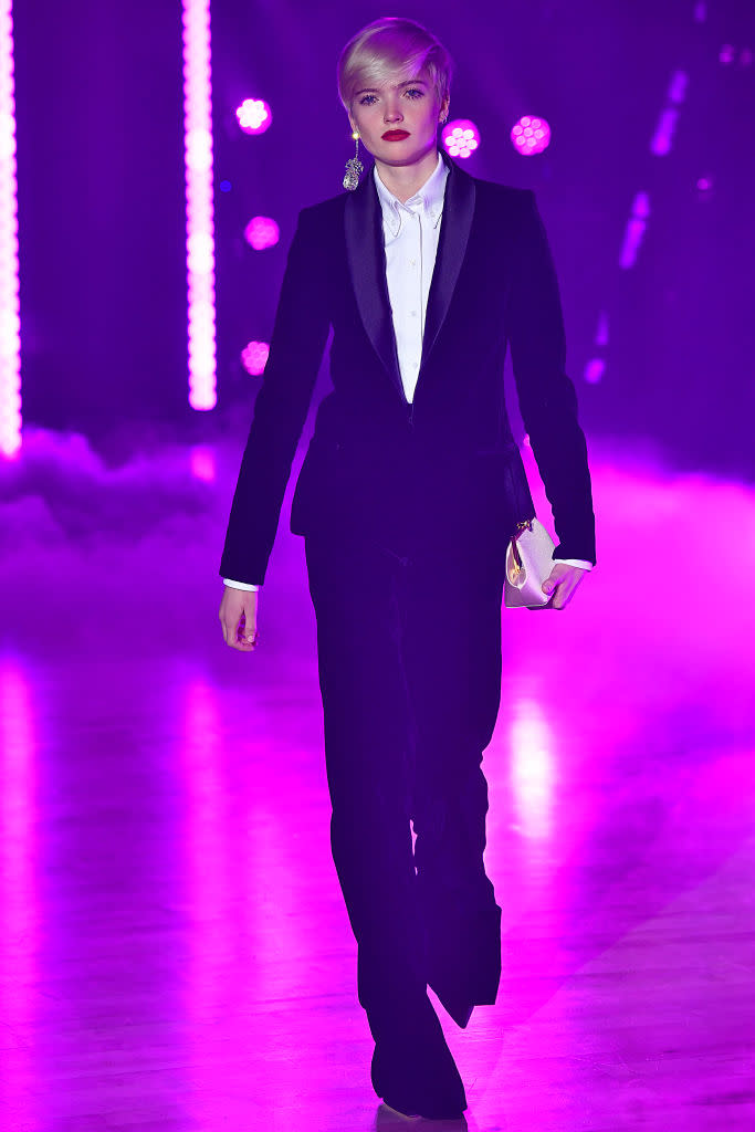 <p>Model wears a black tux pantsuit at the fall 2018 Brandon Maxwell show. (Photo: Getty Images) </p>