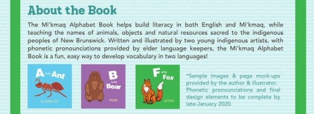 The book features a series of animals representing each letter of the alphabet, along with the Mi'kmaq translation of each animal.