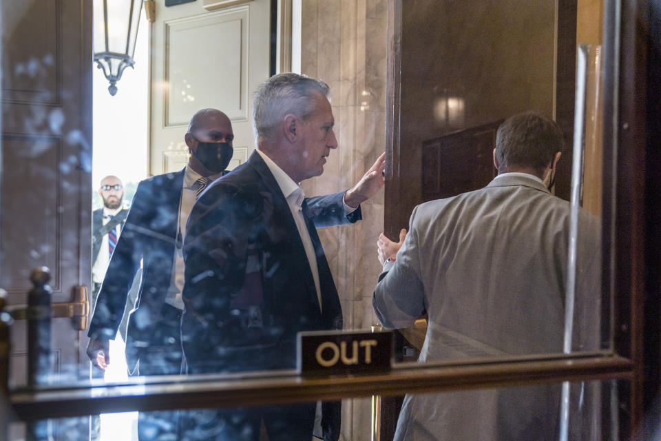 House Minority Leader Kevin McCarthy, R-Calif., arrives at the Capitol as House Republicans meet to vote on ousting Rep. Liz Cheney, R-Wyo., from her leadership post after she repeatedly rebuked former President Donald Trump for his false claims of election fraud and his role in instigating the Jan. 6 attack on the U.S. Capitol, in Washington, Wednesday, May 12, 2021. (AP Photo/J. Scott Applewhite)