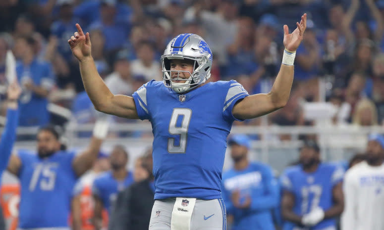 matthew stafford celebrates during a lions game