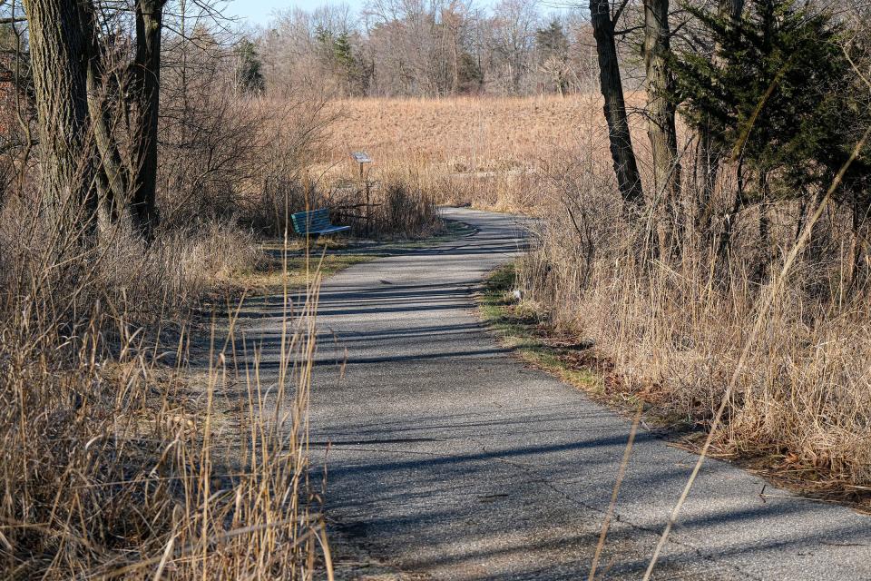 A winding trail at Fenner Nature Center through tall grass on Sunday, April 2, 2023 allows hikers to enjoy the field of grass without walking directly into it.