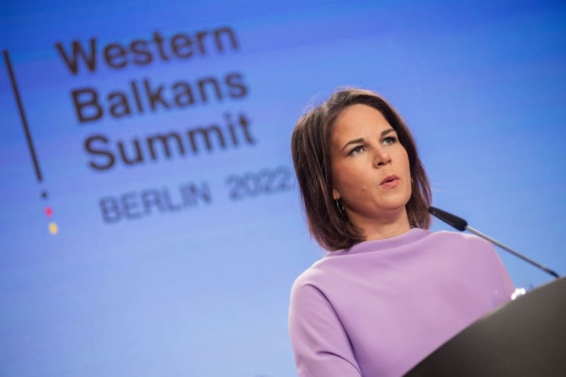 German Foreign Minister Annalena Baerbock delivers the closing statement at the end of the conference on the Western Balkans at the Federal Foreign Office. Baerbock has called for the rapid admission to the European Union of accession candidates in the Western Balkans as the bloc marks the 20th anniversary of its enlargement by 10 countries in 2004. Christoph Soeder/Deutsche Presse-Agentur GmbH/dpa