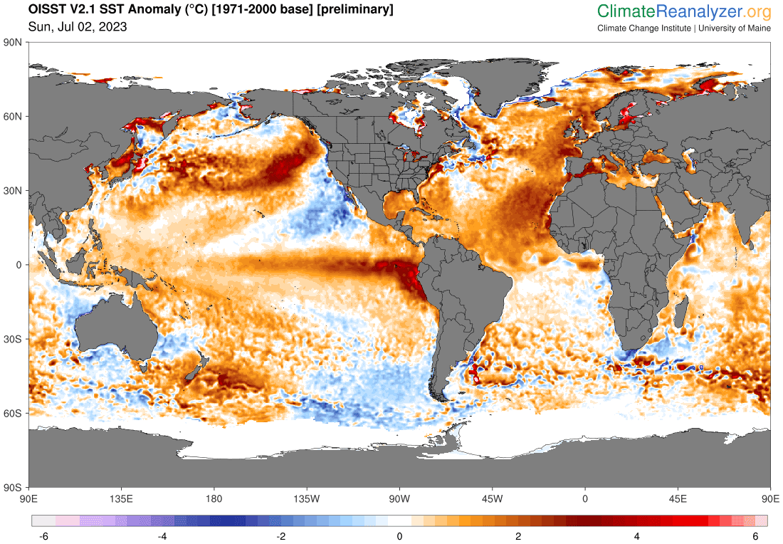The dark oranges and reds on this map illustrate areas where sea surface temperatures are above the long-term average. The map is prepared by the Climate Change Institute at the University of Maine.