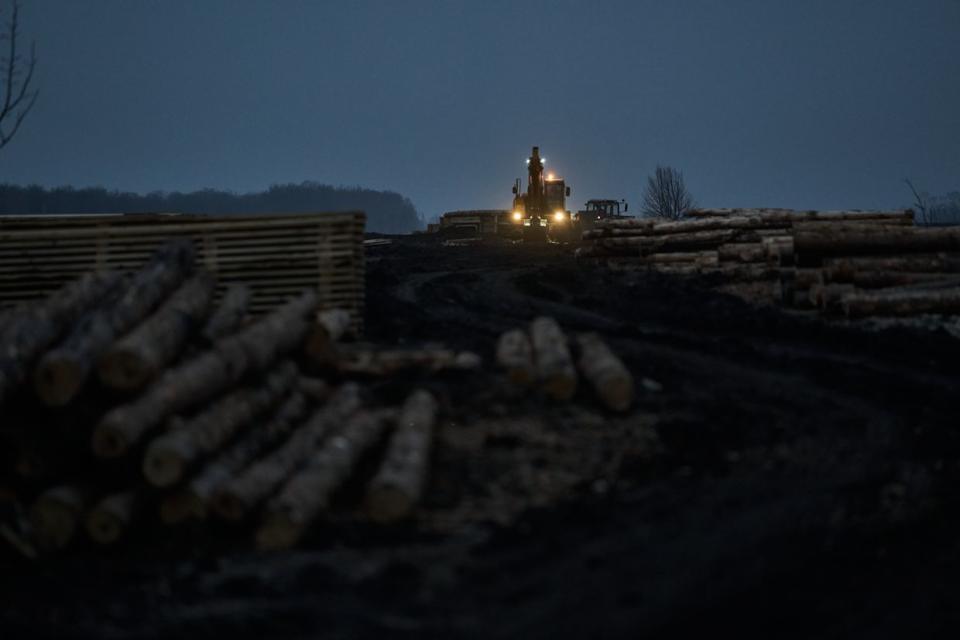 The inspection of fortifications being built in the region in Sumy Oblast, Ukraine on March 16, 2024. The Ukrainian city of Sumy sits on the border with Russia and has seen intensified attacks by Russian military groups over the last few months. Concrete fortifications are being built to stop a possible Russian offensive. (Kostiantyn Liberov/ Libkos/Getty Images)