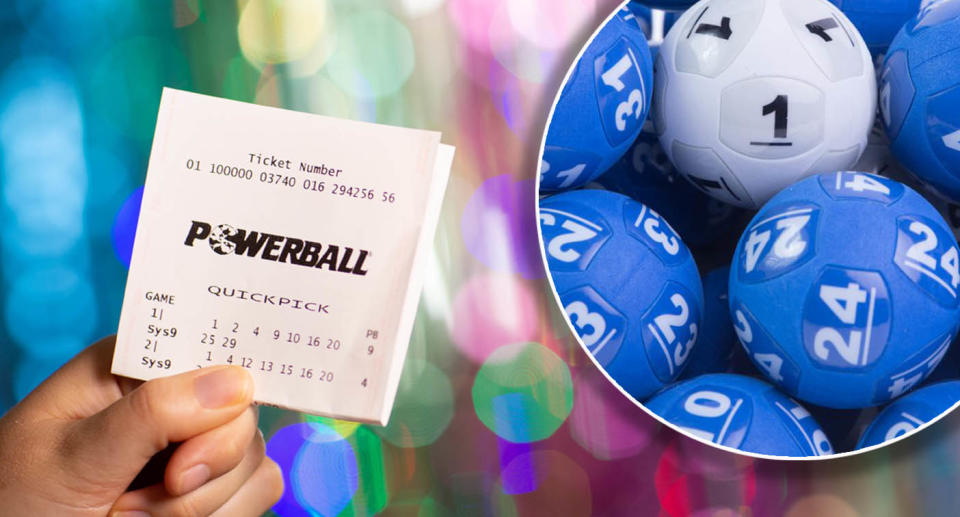 Powerball ticket in front of streamers and lotto balls.