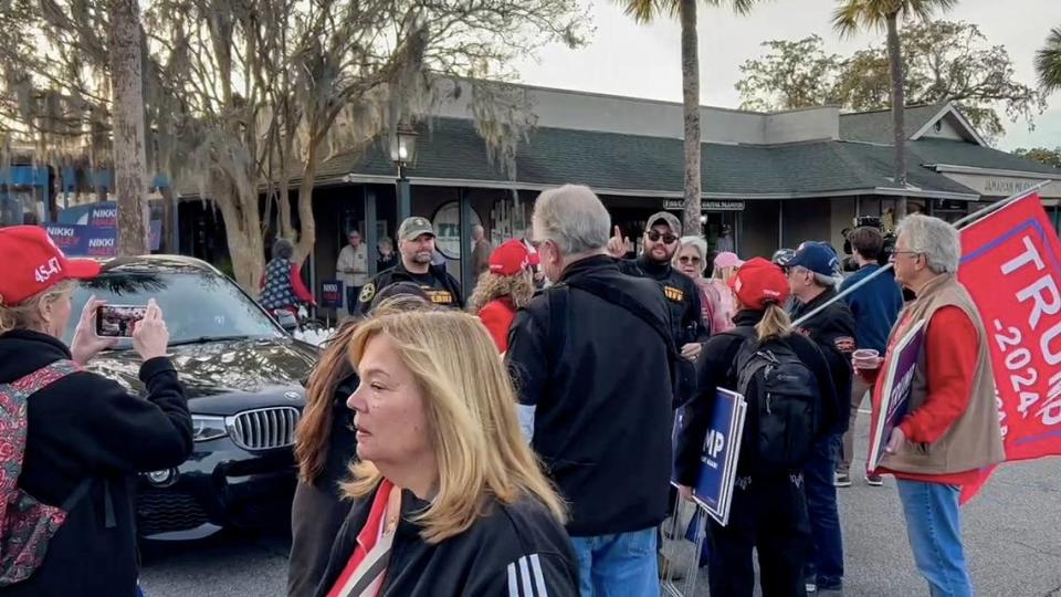 A handful of supporters of former president Donald Trump rally on the grounds at Coligny Plaza before the meet and greet for former S.C. Gov. and United Nations Ambassador Nikki Haley on Thursday, Feb. 1, 2024, on Hilton Head Island.