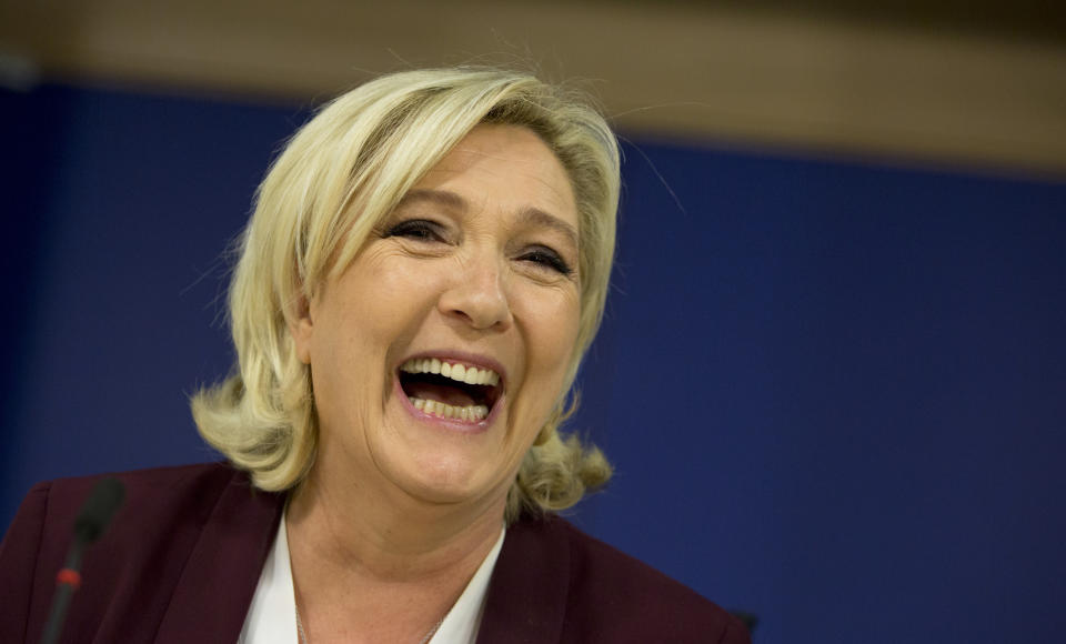 French far-right National Rally leader Marine Le Pen speaks during a media conference to announce the formation of a new far-right European Parliament group at the European Parliament in Brussels, Thursday, June 13, 2019. (AP Photo/Virginia Mayo)