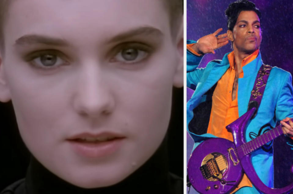 Left: Sinéad O'Connor in her "Nothing Compares 2 U" music video, Right: Prince on stage during the Super Bowl XLI halftime show at Dolphins Stadium on February 4, 2007