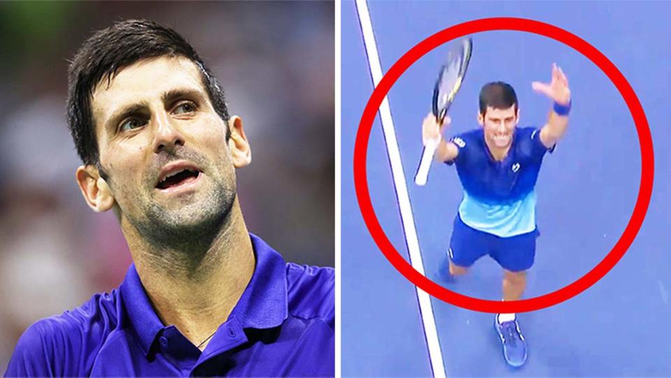 Novak Djokovic (pictured left) reacting to a point and (pictured right) thanking the crowd with his celebration after his win at the US Open.