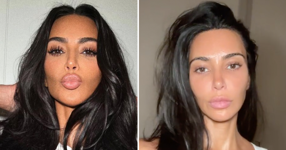 Kim Kardashian with a full face of make-up (left) and her showing her natural state (right). 