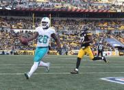 Jan 8, 2017; Pittsburgh, PA, USA; Miami Dolphins running back Damien Williams (26) scores a touchdown as Pittsburgh Steelers cornerback William Gay (22) defends in the fourth quarter in the AFC Wild Card playoff football game at Heinz Field. Mandatory Credit: James Lang-USA TODAY Sports