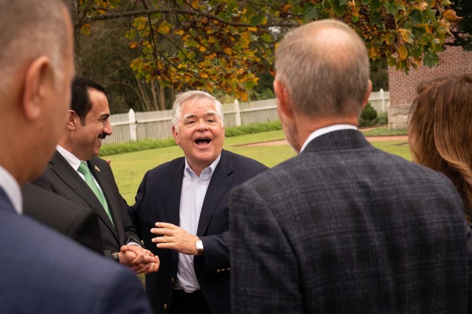 Nashville Mayor John Cooper, center, greets Erbil, Iraq Governor Omed Xoshnaw during a tour of The Hermitage, President Andrew Jackson's home in Nashville Thursday, Sept. 7, 2023. Nashville has one of the largest Kurdish immigrant populations in the U.S. and the city is starting a sister cities program with Erbil, the capital of the Kurdistan Regional Government in Iraq.