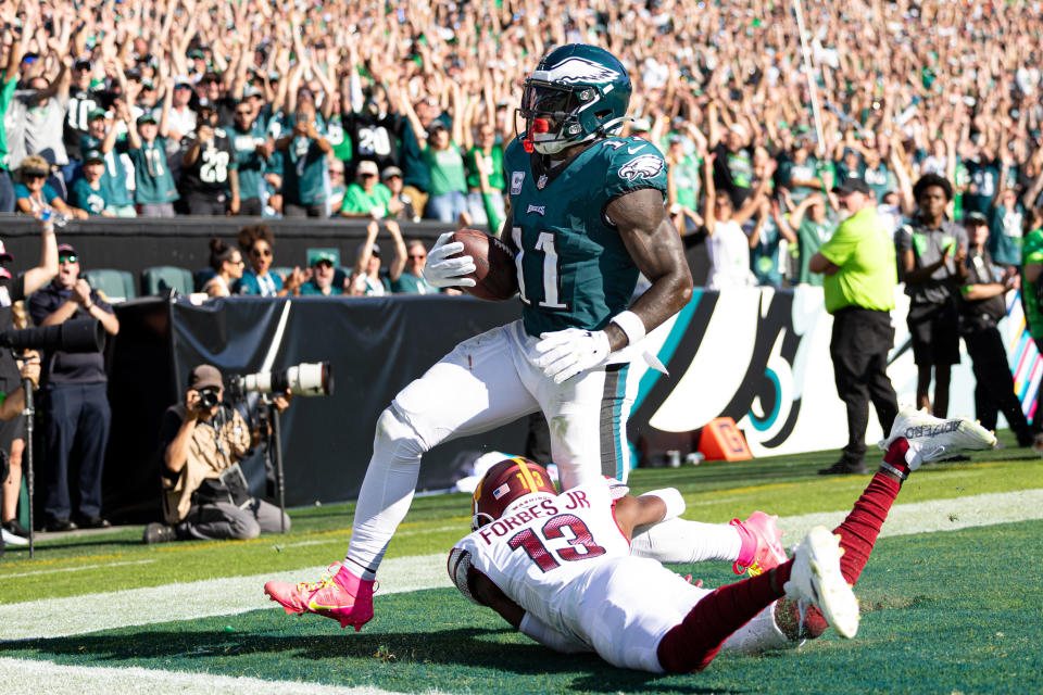 Philadelphia Eagles wide receiver <a class="link " href="https://sports.yahoo.com/nfl/players/31883" data-i13n="sec:content-canvas;subsec:anchor_text;elm:context_link" data-ylk="slk:A.J. Brown;sec:content-canvas;subsec:anchor_text;elm:context_link;itc:0">A.J. Brown</a> (11) catches a touchdown pass past Washington Commanders cornerback <a class="link " href="https://sports.yahoo.com/nfl/players/40033" data-i13n="sec:content-canvas;subsec:anchor_text;elm:context_link" data-ylk="slk:Emmanuel Forbes;sec:content-canvas;subsec:anchor_text;elm:context_link;itc:0">Emmanuel Forbes</a> (13). Mandatory Credit: Bill Streicher-USA TODAY Sports