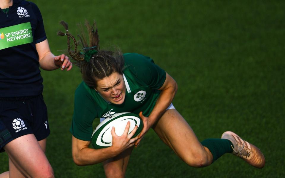 Dublin , Ireland - 2 February 2020; Beibhinn Parsons of Ireland celebrates after scoring her side's third try during the Women's Six Nations Rugby Championship match between Ireland and Scotland at Energia Park in Donnbrook, Dublin - Ramsey Cardy/Sportsfile