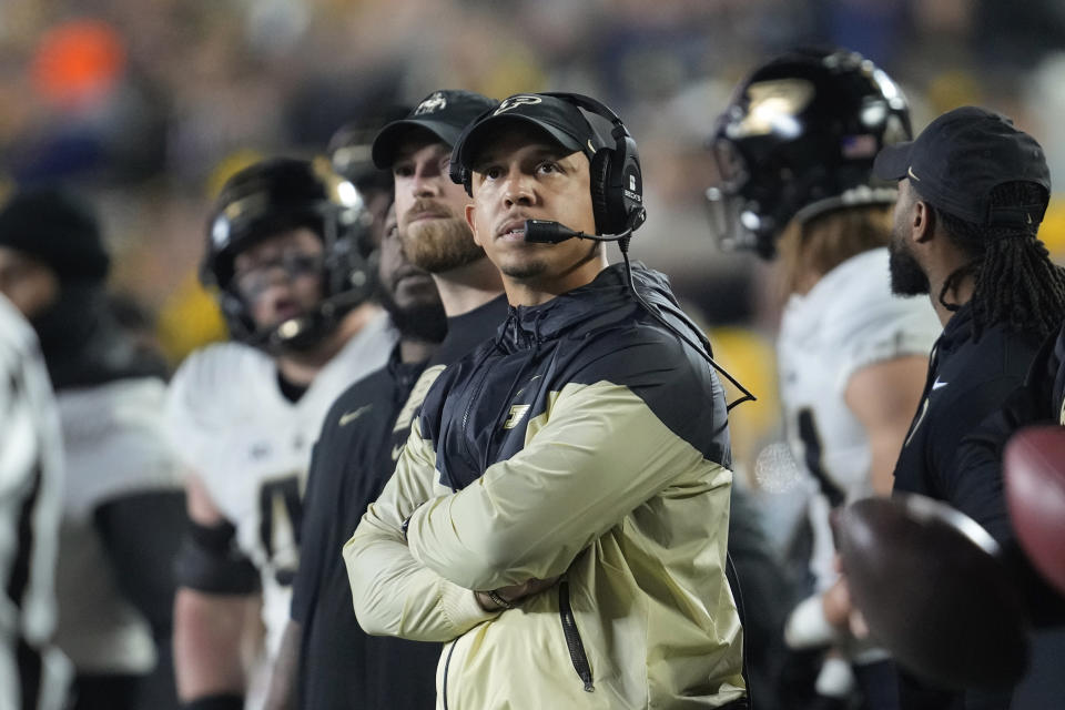 Purdue head coach Ryan Walters watches against Michigan in the first half of an NCAA college football game in Ann Arbor, Mich., Saturday, Nov. 4, 2023. (AP Photo/Paul Sancya)