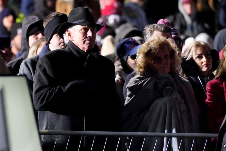 South Carolina Gov. Henry McMaster, left, and his wife, Peggy, look on as former President Donald Trump holds a rally, Saturday, March 12, 2022, in Florence, S.C. Trump has endorsed McMaster's reelection, as well as two Republicans challenging sitting House members in two neighboring districts who have been critical of him. (AP Photo/Meg Kinnard)