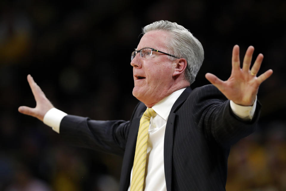 Iowa coach Fran McCaffery reacts to a call against his team during the first half of an NCAA college basketball game against Michigan, Friday, Feb. 1, 2019, in Iowa City, Iowa. (AP Photo/Charlie Neibergall)