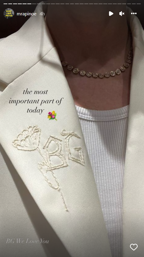Olympic gold medalist and World Cup champion Megan Rapinoe posted a close-up of Brittney Griner's initials stitched on the suit she wore to receive a Presidential Medal of Freedom from President Joe Biden.