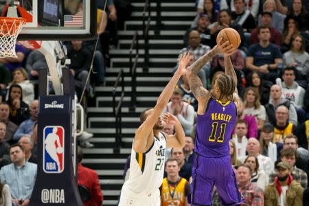 Jan 11, 2019; Salt Lake City, UT, USA; Los Angeles Lakers forward Michael Beasley (11) shoots the ball against Utah Jazz center Rudy Gobert (27) during the second half at Vivint Smart Home Arena. Mandatory Credit: Russ Isabella-USA TODAY Sports