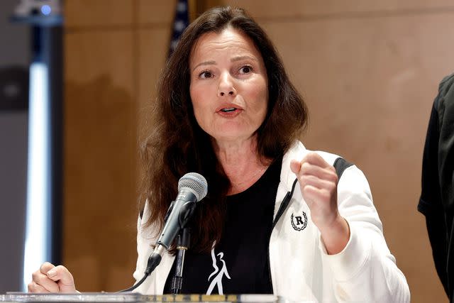 <p>Frazer Harrison/Getty Images</p> SAG-AFTRA President Fran Drescher speaks at a press conference for the union's strike vote in July.