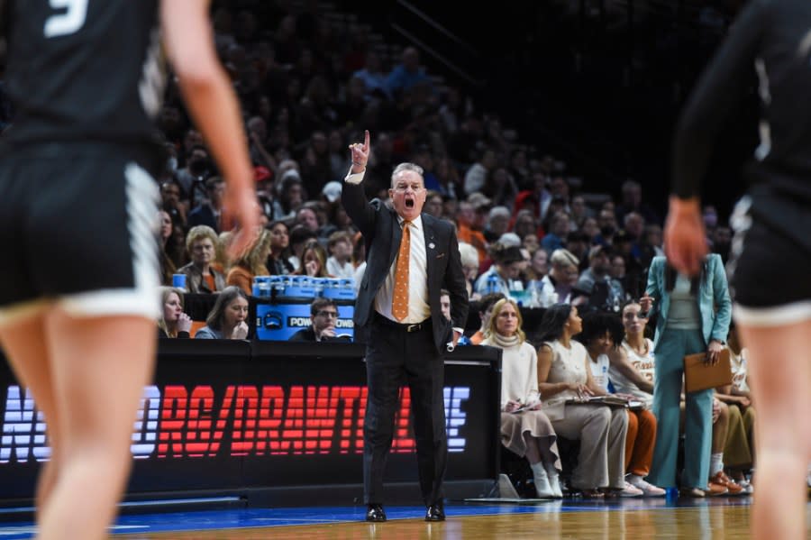 Texas coach Vic Schaefer shouts to players during the first half of the team’s Sweet 16 college basketball game against Gonzaga in the women’s NCAA Tournament, Friday, March 29, 2024, in Portland, Ore. (AP Photo/Steve Dykes)