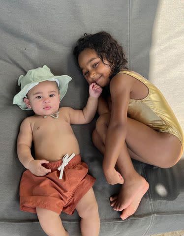 <p>Kim Kardashian Instagram</p> Kylie Jenner and Travis Scott's son Aire Webster with his cousin Chicago West