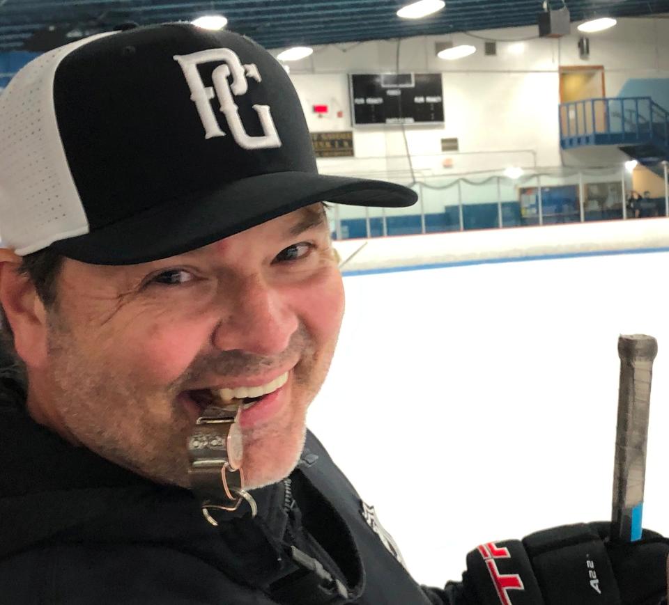 Peoria Rivermen head coach and ex-NHLer Jean-Guy Trudel on the ice with youth players at his Tru Hockey Academy developmental camp in Owens Center on Monday, July 24, 2023.