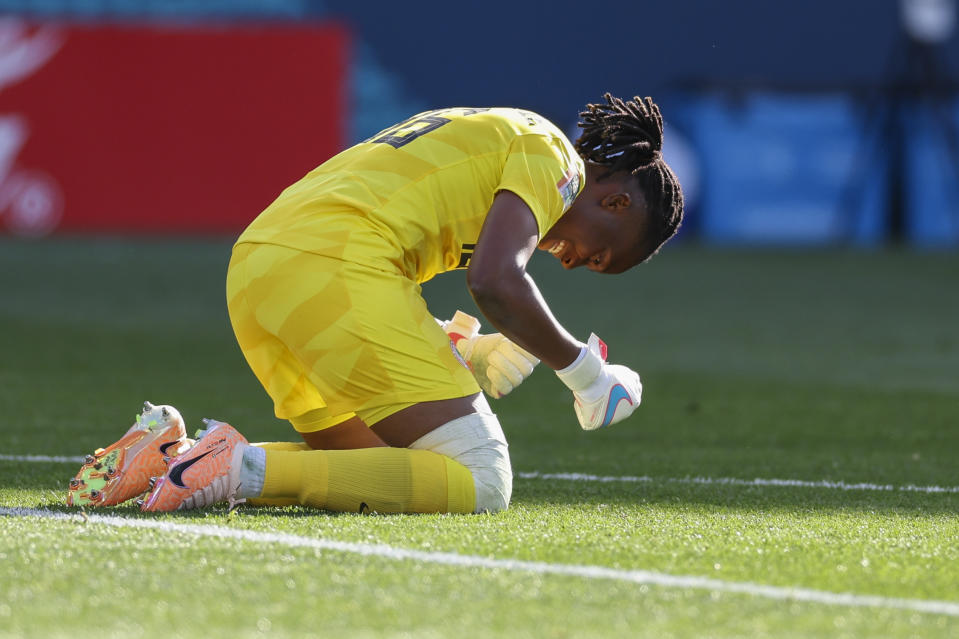 Nigeria's goalkeeper Chiamaka Nnadozie reacts following the Women's World Cup Group B soccer match between Nigeria and Canada in Melbourne, Australia, Friday, July 21, 2023. (AP Photo/Victoria Adkins)