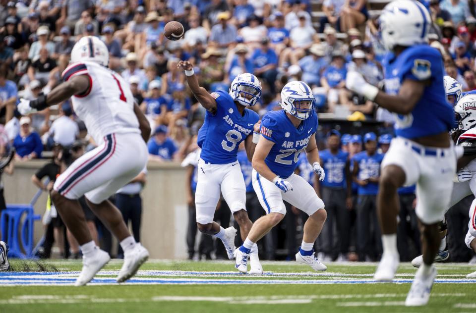 Air Force quarterback Zac Larrier throws a pass during a game on Saturday, Sept. 2, 2023, at Air Force Academy, Colo. Larrier has only aired it out six times this season, completing three. | The Gazette, Parker Seibold/The Gazette via Associated Press