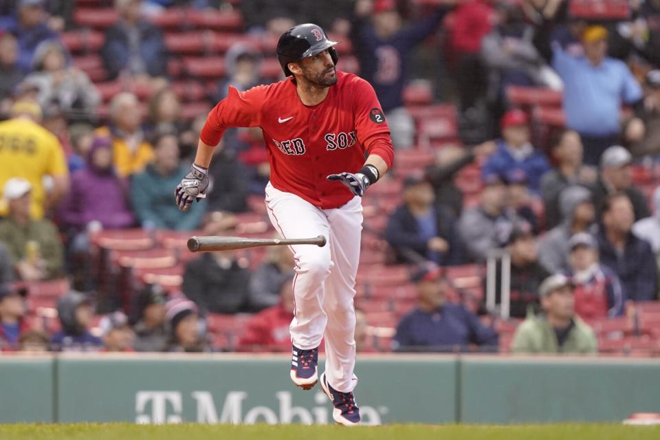 Boston's J.D. Martinez runs toward first after hitting a three-run home run against the Tampa Bay Rays on Oct. 5.