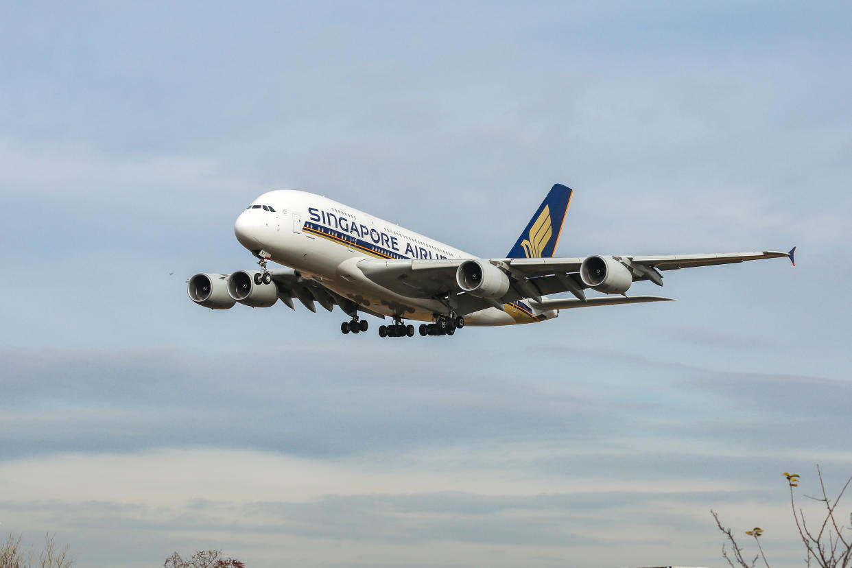 Singapore Airlines Airbus A380, specifically A380-841 aircraft as seen on final approach landing at New York JFK, John F. Kennedy International Airport on 14 November 2019. The wide-body, double-decker long haul airplane has the registration 9V-SKJ and is powered by 4x RR ( Rolls Royce ) jet engines. Singapore SQ, SIA is the flag carrier airline of Singapore, with a base in its hub Changi Airport SIN WSSS, a member of Star Alliance aviation alliance. The airline has been awarded by Skytrax as Best Airline of the World. (Photo by Nicolas Economou/NurPhoto via Getty Images)