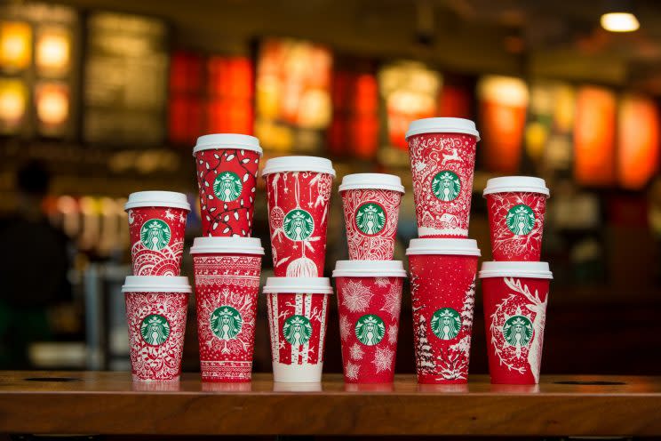 Starbucks’ holiday cups are a little more red and white than usual