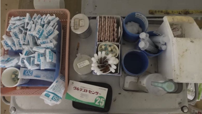 Hospital supplies left in perfect order as people evacuated a Fukushima hospital.