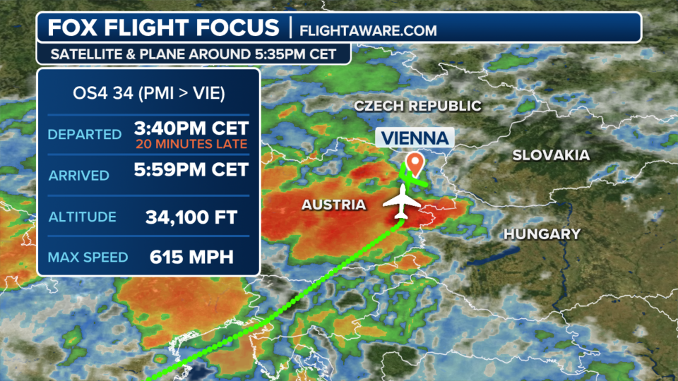Flightaware.com data shows the Austrian Airlines flight 34 was approaching Vienna around 5:59 p.m. on June 9, 2024.