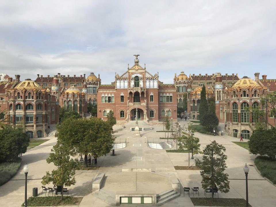 This Oct. 14, 2019 photo shows Sant Pau Recinte Modernista, a once-working hospital that was designed by Catalan architect, Lluís Domènech I Montaner, in Barcelona, Spain. (Courtney Bonnell via AP)