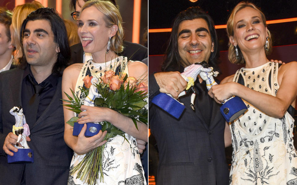 <p>… strahlend gute Laune statt ernster Miene! Gemeinsam mit „Aus dem Nichts“-Regisseur Fatih Akin blödelte Diane ausgelassen auf dem roten Teppich herum und feierte ihren Award. Was für ein Unterschied zu Dianes … (19. Januar 2018, Bilder: ddp) </p>