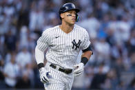 New York Yankees' Aaron Judge runs the bases on a home run during the third inning of the team's baseball game against the Detroit Tigers on Friday, June 3, 2022, in New York. (AP Photo/Frank Franklin II)