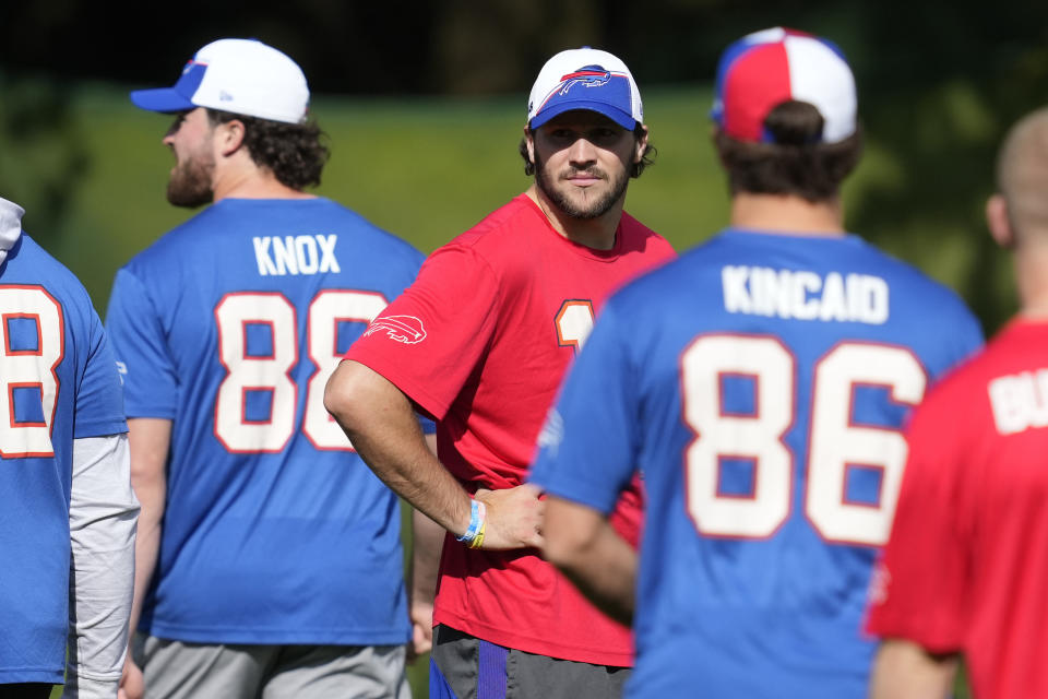 Buffalo Bills quarterback Josh Allen (17) looks on during a practice session in Watford, Hertfordshire, England, north-west of London, Friday, Oct. 6, 2023. The Buffalo Bills will take on the Jacksonville Jaguars in a regular season game at Tottenham Hotspur Stadium on Sunday. (AP Photo/Steve Luciano)