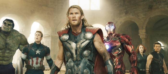 Chris Evans, Chris Hemsworth, Scarlett Johannson, and Jeremy Renner look concerned