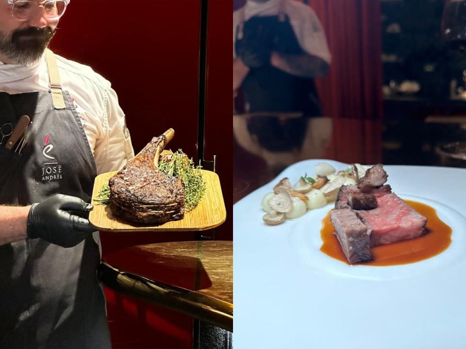 man with glasses on holding large plate of steak next to image of small piece of steak in pool of orange sauce on a white plate