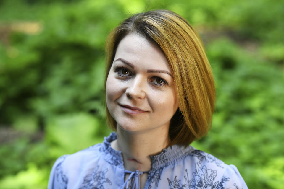FILE - Yulia Skripal poses during an interview in London on Wednesday, May 23, 2018. She and her father, Sergei Skripal, were found slumped on a bench in Salisbury, England, in March 2018. Sergei Skripal, a former spy, moved to Britain after being released from prison in Russia in a swap. British investigators said the Skripals had been poisoned with a Russian-developed nerve agent and blamed Moscow for the attack. Moscow denied the allegations. (Dylan Martinez/Pool via AP, File)