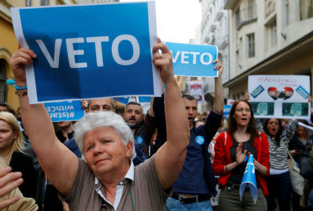 Demonstrators hold up a banner saying "Veto" during a rally against a new law passed by Hungarian parliament which could force the Soros-founded Central European University out of Hungary, in Budapest, Hungary, April 4, 2017. REUTERS/Laszlo Balogh