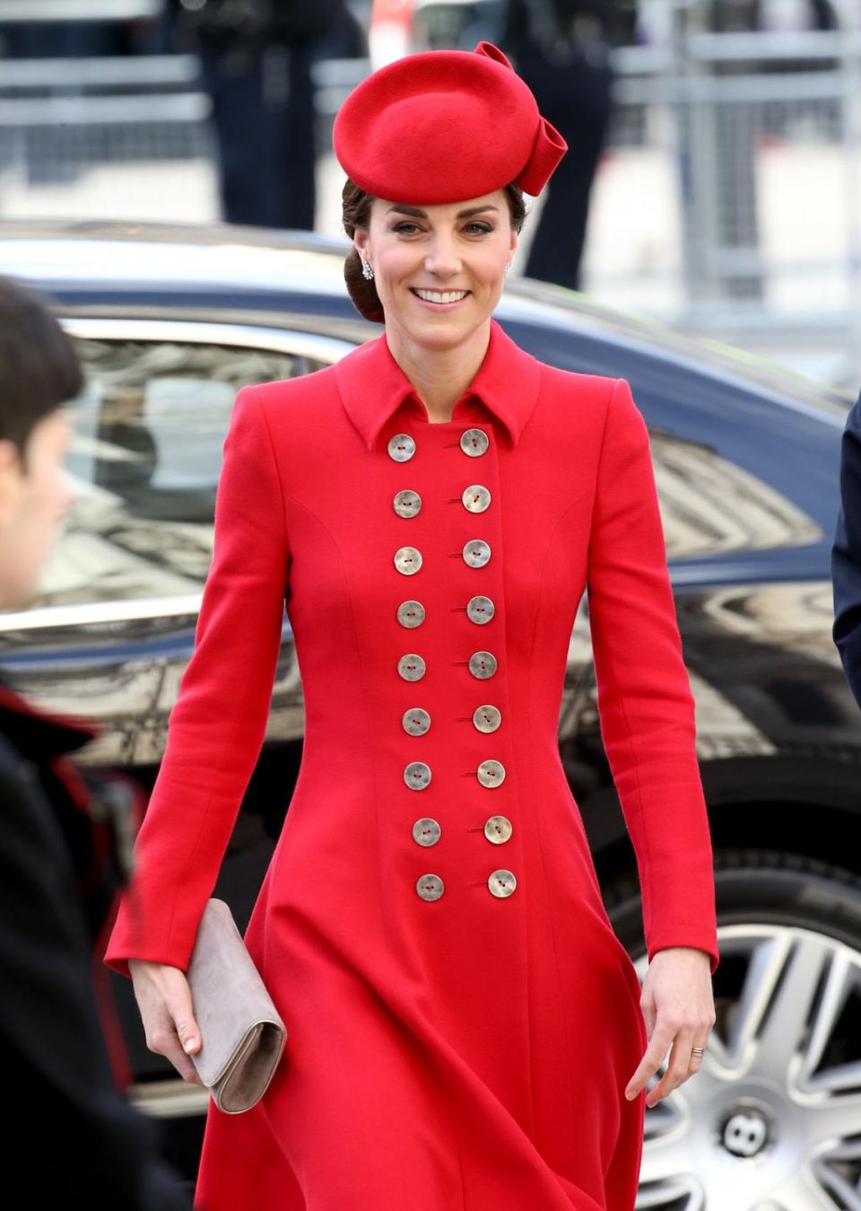 <p>For Commonwealth Day services, Kate stepped out in a bright red coatdress with a matching hat.</p>