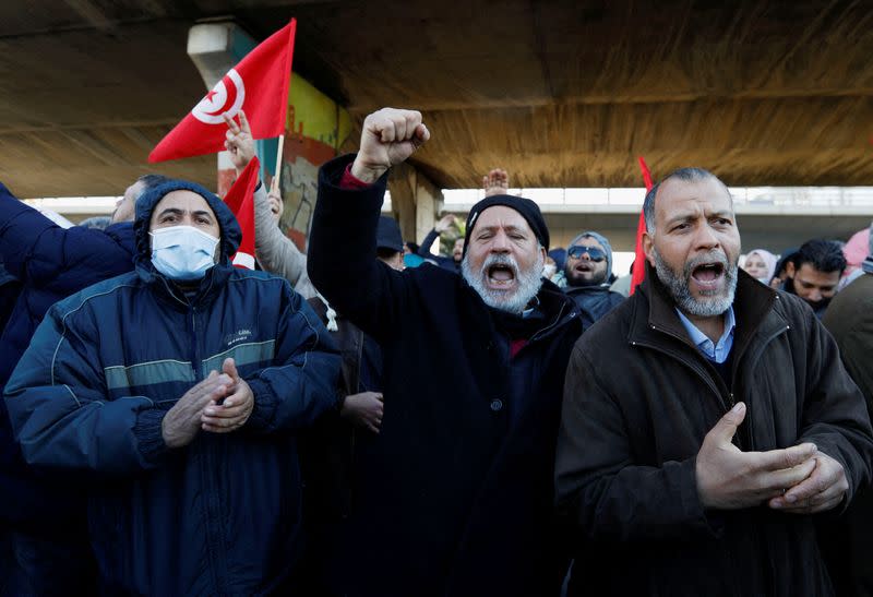 FILE PHOTO: Protest against Tunisian President Saied's seizure of governing power, in Tunis