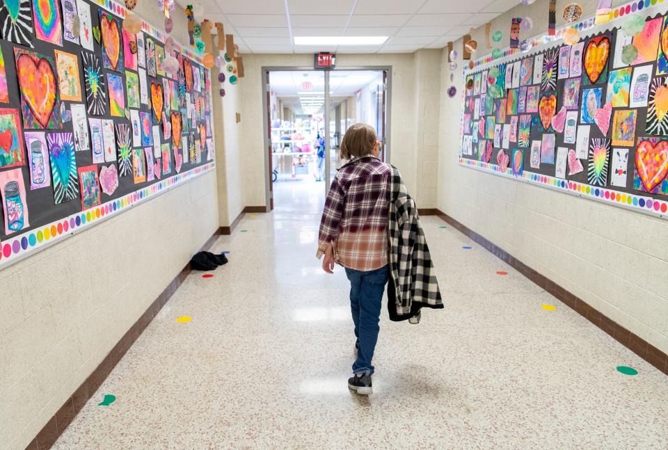 Silas Guess walks the halls of Oakdale Elementary School headed to the office in Boonville, Ind., Wednesday, March 8, 2023. The 10-year-old fourth grader was diagnosed with chronic pancreatitis, a very rare disease in children that affects two out of 100,000 kids, In April 2020. Chronic pancreatitis usually starts with multiple episodes of acute pancreatitis, that involves intense upper abdominal pain, vomiting, and nausea. He was also diagnosed with Carnitine Deficiency, Nephrocalcinosis, Autosomal Dominant Polycystic Kidney Disease, and Focal Epilepsy.
This past August, Silas became a candidate for TPIAT- Total Pancreatectomy with Islet Auto Transplantation.