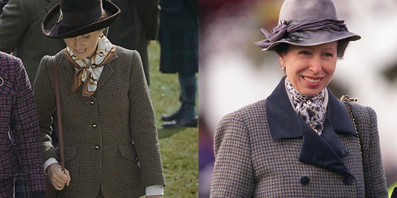 <p>Over the decades, Princess Anne's style has remained timeless and consistent. Actress Erin Doherty donning a brown tweed blazer and silk printed scarf in season 4, which was very similar to what the Princess wore to the Cheltenham Races in 1997.</p><p><strong>RELATED</strong>: <a href="https://www.goodhousekeeping.com/life/entertainment/a34835377/the-crown-season-3-princess-anne-true-story-timeline/" rel="nofollow noopener" target="_blank" data-ylk="slk:What 'The Crown' Gets Right About Princess Anne's Life as a Young Woman;elm:context_link;itc:0;sec:content-canvas" class="link ">What 'The Crown' Gets Right About Princess Anne's Life as a Young Woman</a></p>