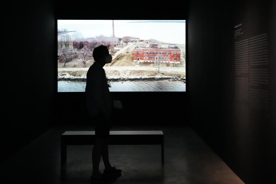 A man stands in front of the artwork 'Hart Island", by Laura Poitras in collaboration with Sean Vegezzi, at an exhibition by American artist and filmmaker Laura Poitras, at the N.K.B. gallery in Berlin, Germany, on Friday, June 18, 2021. The exhibition by Poitras, known for her award-winning 2014 documentary on former U.S. intelligence contractor Edward Snowden, is on display at the gallery until Aug. 8, 2021. (AP Photo/Markus Schreiber)