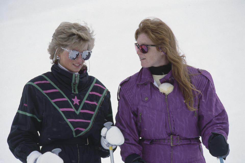 Sisters-in-law Sarah Ferguson and Diana, Princess of Wales, on a Switzerland ski trip in 1988.