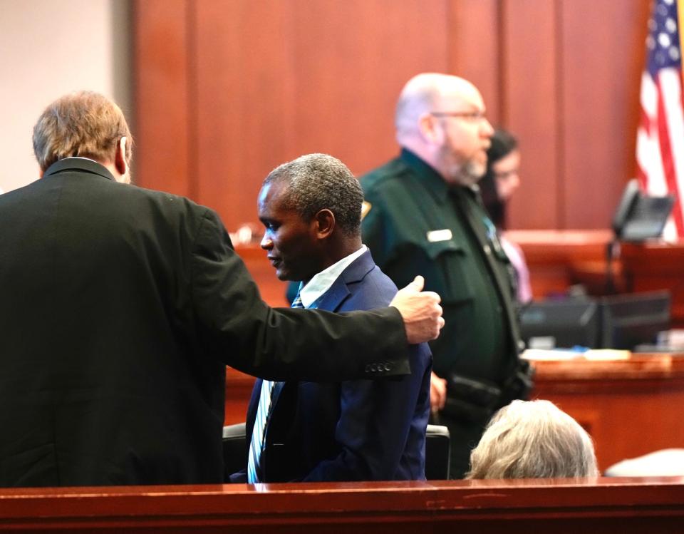 Jerone Hunter is led to his seat in the DeLand courtroom on Tuesday, April 25, 2023. Hunter and Troy Victorino are in court for their penalty phase retrial in the so-called Deltona "Xbox Murders." The pair could face the death penalty again.