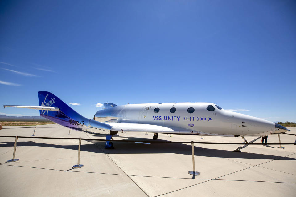 Virgin Galactic's rocket-powered plane Unity is displayed in the tarmac after a short flight to the edge of space at Spaceport America, near Truth or Consequences, N.M., Thursday, Aug. 10, 2023. Virgin Galactic is taking its first space tourists on a long-delayed rocket ship ride. (AP Photo/Andrés Leighton) (Andres Leighton / AP file)